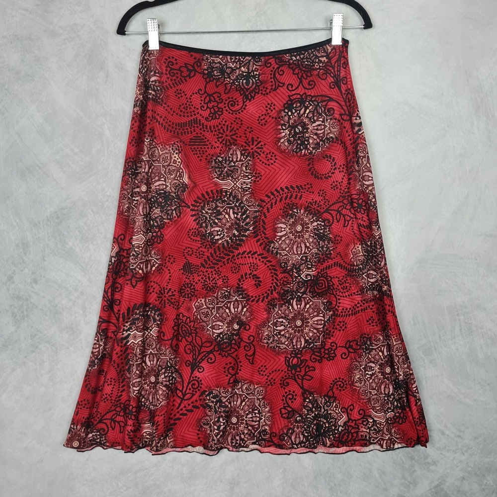 Vntg Y2K Red Floral Skirt Womens Medium Whispy Whimsy Fairy Goth Ruffle Boho